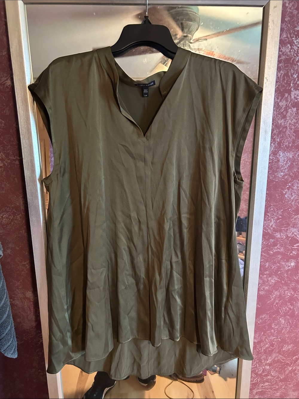 Eileen fisher Olive Green Cap Sleeve V-Neck Women's Top